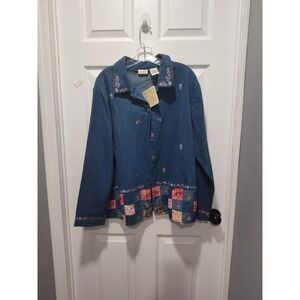 BOBBIE BROOKS Vintage Embroidered Patchwork Blue Jean Denim Pocket Jacket Sz XL